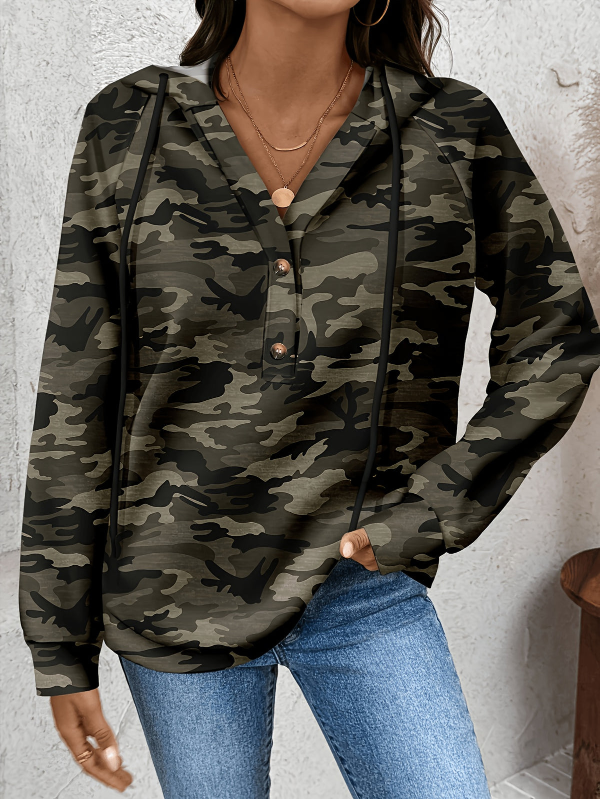 Plus Size Camouflage Printed Hooded Sweater, All-Season Style - Camouflage