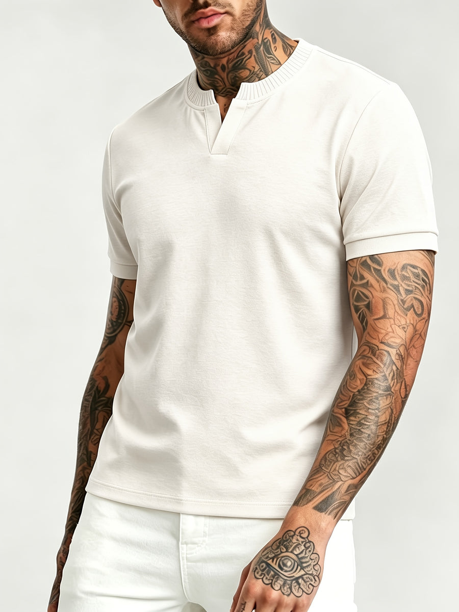 [Pearson OBM] Summer Cool Short Open V-Neck Men'S Henley Shirt, Stretchy Comfortable Solid Base Layer, Breathable And Flat Fit, Practical Men'S Birthday Gift Holiday Item, All-Scene Wear for Fitness, Hiking, Home, And Vacation - Light Beige