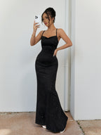 Black Glitter Spaghetti Strap Dress with Crisscross Lace-Up Back - Mermaid Maxi Evening Gown - Black