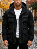 Men'S Detachable Sleeve Drawstring Hooded Multi-Pocket Utility Jacket, Reversible Wrinkle-Resistant Breathable Durable Woven Fabric, Fitted Short Length Spring Autumn City Commute Outdoor Hiking Style, Street Hiking Fishing Multi-Scene Wear - Black