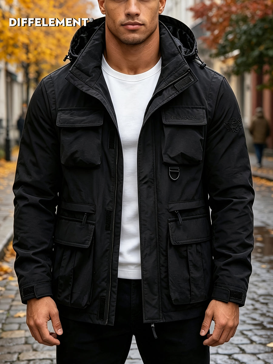 Men'S Detachable Sleeve Drawstring Hooded Multi-Pocket Utility Jacket, Reversible Wrinkle-Resistant Breathable Durable Woven Fabric, Fitted Short Length Spring Autumn City Commute Outdoor Hiking Style, Street Hiking Fishing Multi-Scene Wear - Black