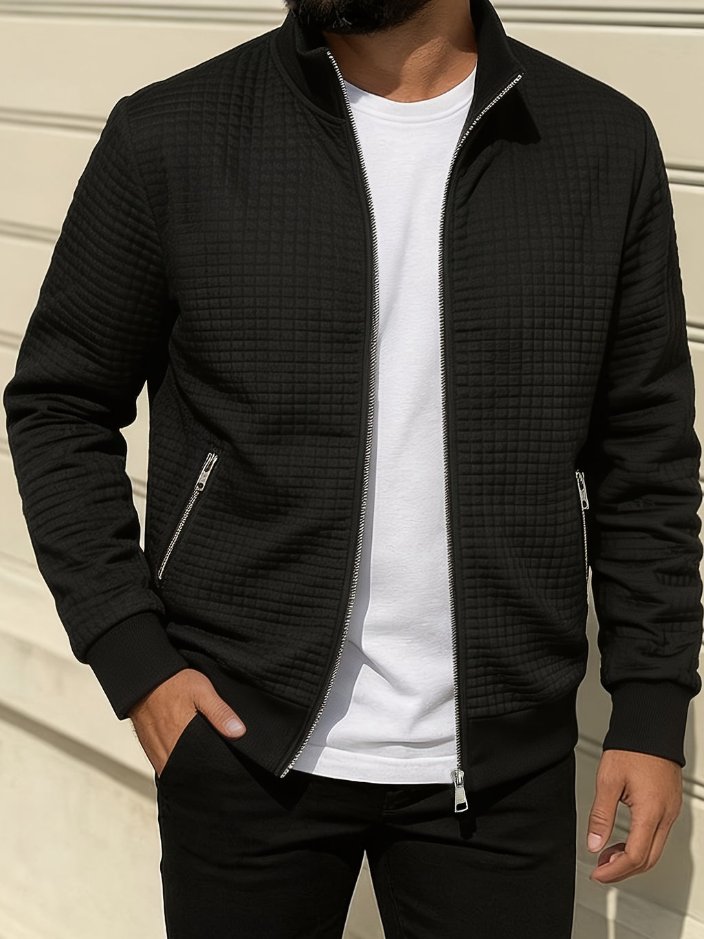 Pearson OBM Men's Checkered Textured Baseball Jacket, Waffle Knit Full-Zip Casual Outerwear, Spring/Autumn Lightweight Loose-Fit Versatile Long-Sleeve Top / Casual Commute / Outdoor Wear, Smart Casual Layering - Black