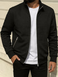 Pearson OBM Men's Checkered Textured Baseball Jacket, Waffle Knit Full-Zip Casual Outerwear, Spring/Autumn Lightweight Loose-Fit Versatile Long-Sleeve Top / Casual Commute / Outdoor Wear, Smart Casual Layering - Black