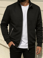 Pearson OBM Men's Checkered Textured Baseball Jacket, Waffle Knit Full-Zip Casual Outerwear, Spring/Autumn Lightweight Loose-Fit Versatile Long-Sleeve Top / Casual Commute / Outdoor Wear, Smart Casual Layering - Black