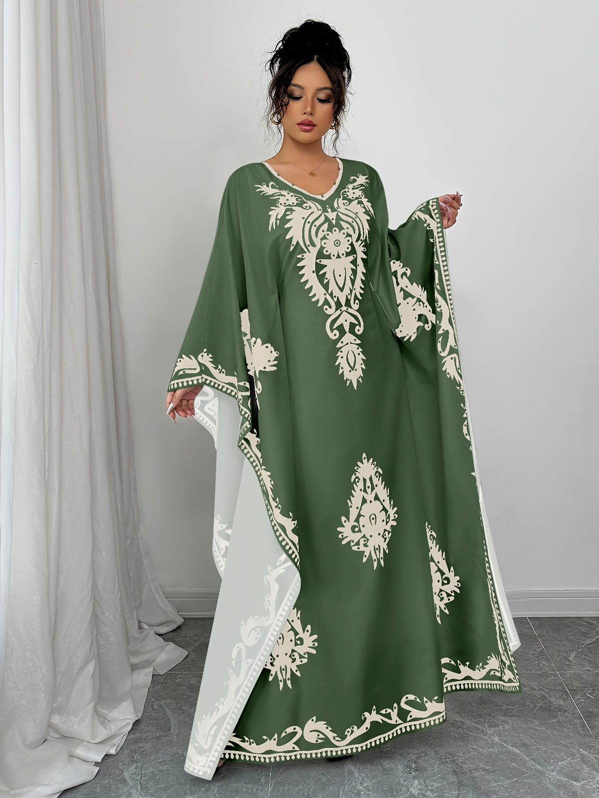 Casual Women's Middle Eastern Ethnic Print Loose Robe - Dark Green
