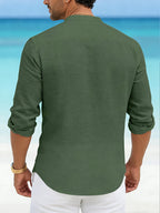 Men's 100% Pure Cotton Casual Stand Collar Long Sleeve Shirt, 5pcs. Breathable Long-sleeve Shirts for Men, a Great Choice for Daily Commutes, Outings, and Seaside Vacations. A Wonderful Gift for a Boyfriend or Husband. - White + Green + Blue + Gray + Black