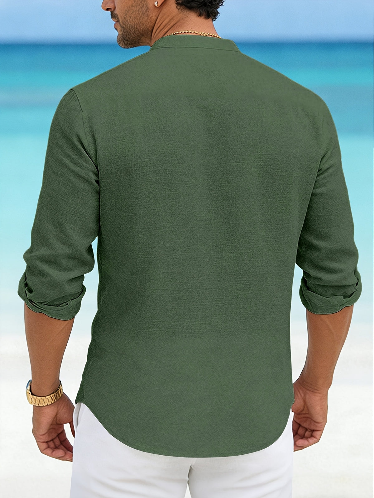 Men's 100% Pure Cotton Casual Stand Collar Long Sleeve Shirt, 5pcs. Breathable Long-sleeve Shirts for Men, a Great Choice for Daily Commutes, Outings, and Seaside Vacations. A Wonderful Gift for a Boyfriend or Husband. - White + Green + Blue + Gray + Black