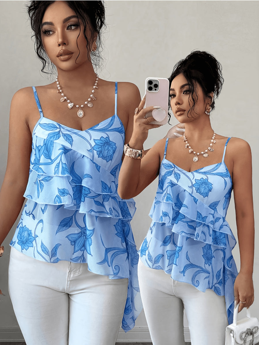 2026 Summer New Pink Floral Ruffled Camisole Women'S Summer Irregular Hem Body-Shaping Thin Chiffon Top Hot Top - Vibrant Blue