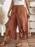 Women's Wide-Leg Ruffle Hem Bell-Bottom Pants with Ethnic/Boho Print - Elastic-Free Trousers for Spring Summer Resort Wear, Machine Washable (Suitable for bohemian, Mediterranean, Asian styles) - Multicolor