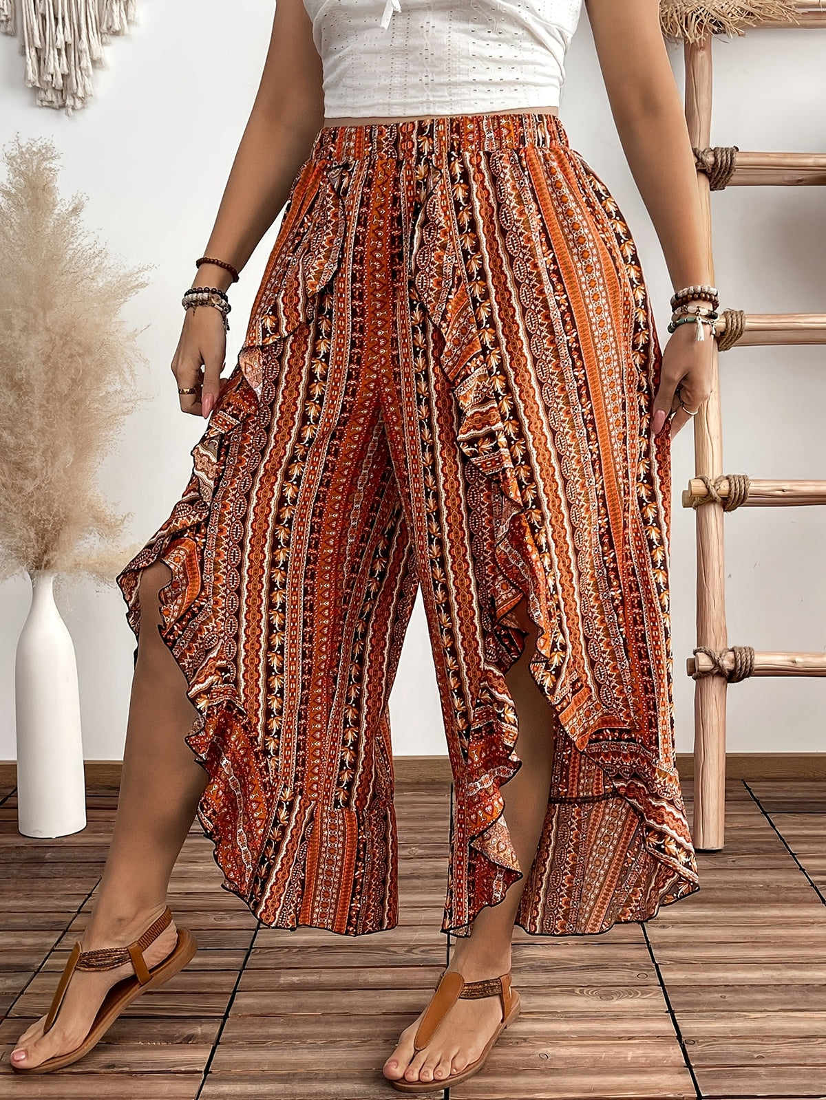 Women's Wide-Leg Ruffle Hem Bell-Bottom Pants with Ethnic/Boho Print - Elastic-Free Trousers for Spring Summer Resort Wear, Machine Washable (Suitable for bohemian, Mediterranean, Asian styles) - Multicolor