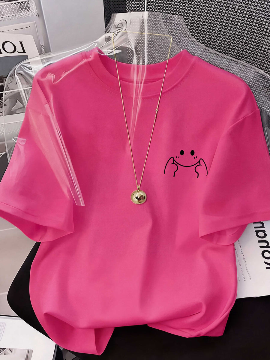 Women's High-Elastic Blouse T-Shirt Suitable for Café Visits, Picnic & Home Wear - Minimalist Smiling Face Print Round Neck Top, Machine Washable Non- Shirt for - Casual Outfits (Age-Reducing Versatile Wardrobe Staple) - Rose Red