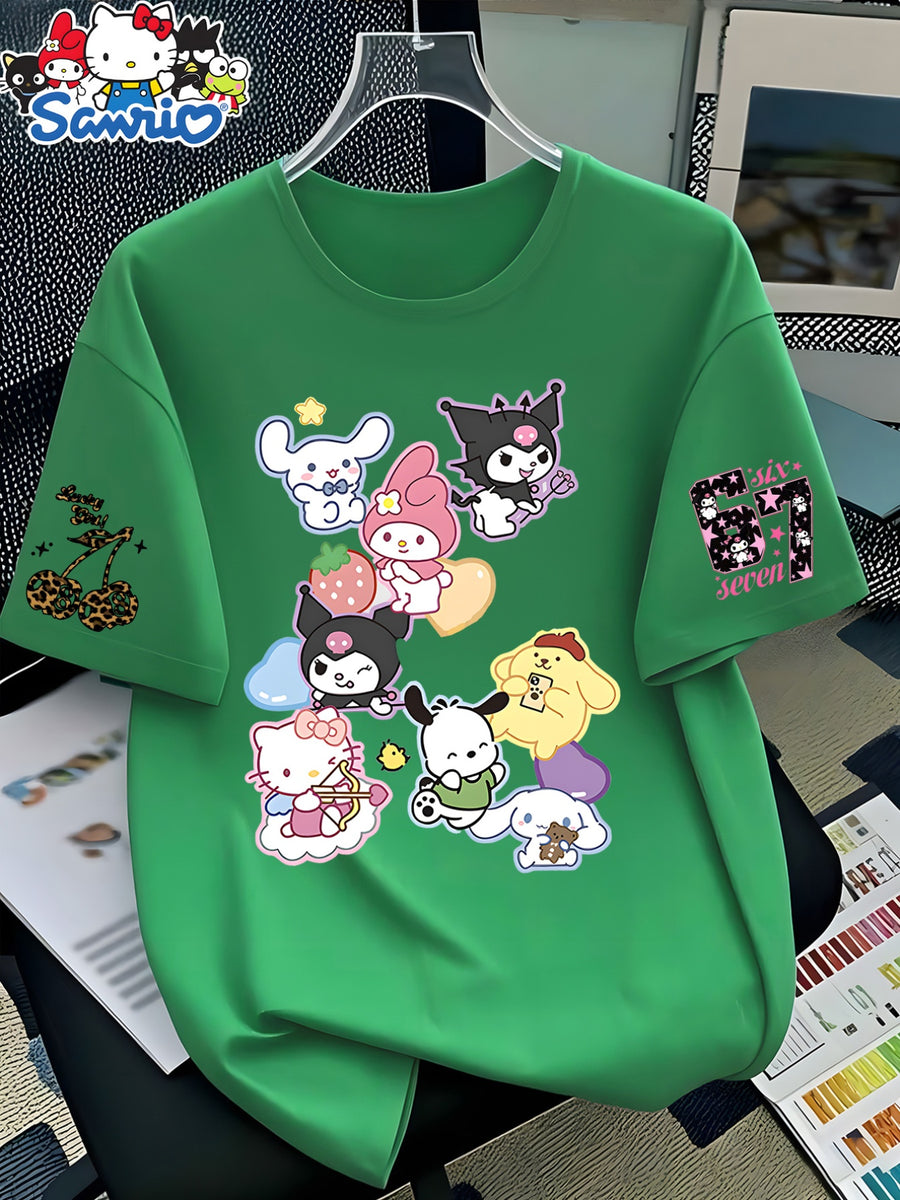 New Summer Cross-Border European and American Women's Short-Sleeve T-Shirt, Cute Cartoon Sanrio Co-Branded Print, Loose Fit Round Neck Short-Sleeve Casual Top, Comfortable and Stylish Swear and , Multiple Color Options, Easygoing Style - Green