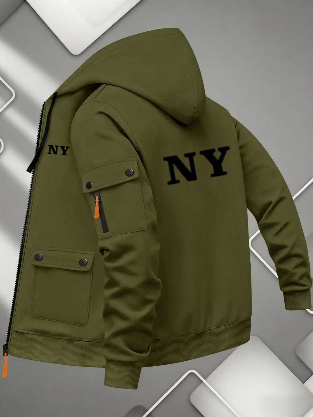 Men'S Basic NY Uppercase Letter Print Cargo Hooded Zipper Cardigan Casual Jacket - Tactical Green