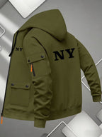 Men'S Basic NY Uppercase Letter Print Cargo Hooded Zipper Cardigan Casual Jacket - Tactical Green