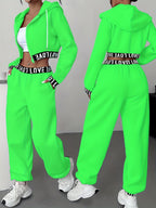 Women's 2pcs Set, Zipper and Hood Autumn/Winter Casual Women's Jacket + Pants, Regular Clothing, Daily Wear, Fashion Apparel, Stylish Swear, Soft Fabric, Comfortable Clothing, Matching Series, Women's Swear, Women's Collection - Fluorescent Green