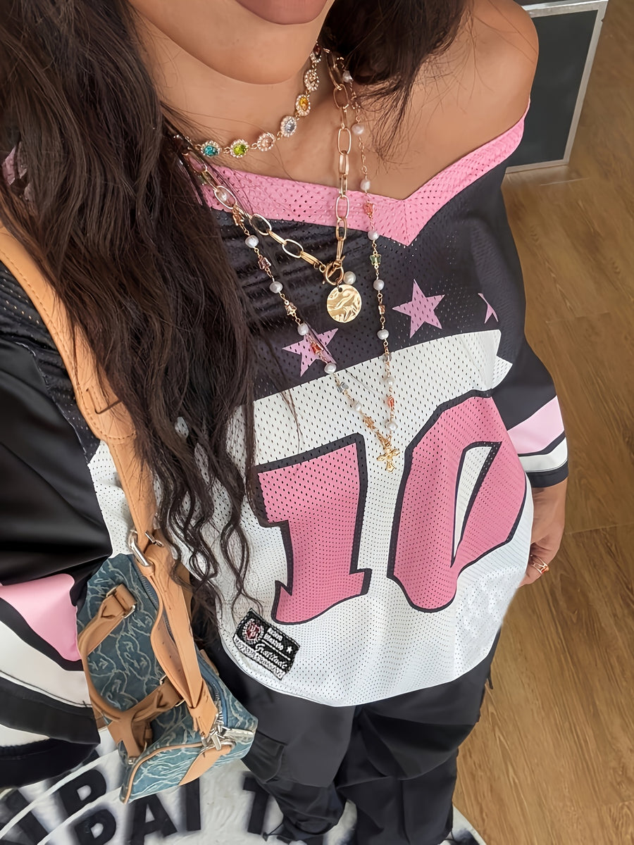 Women's Summer Streetwear Couple Matching Casual V-Neck Drop Shoulder Letter Print Loose Fit S T-S - Mixed colors