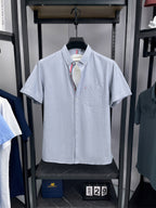 Men's Pure  Short-Sleeve Shirt, High Quality, Suitable for Business, Outerwear, Home, Gatherings, Parties, Skin-Friendly, Breathable, Fine Texture, Mature Style - Beige Gray