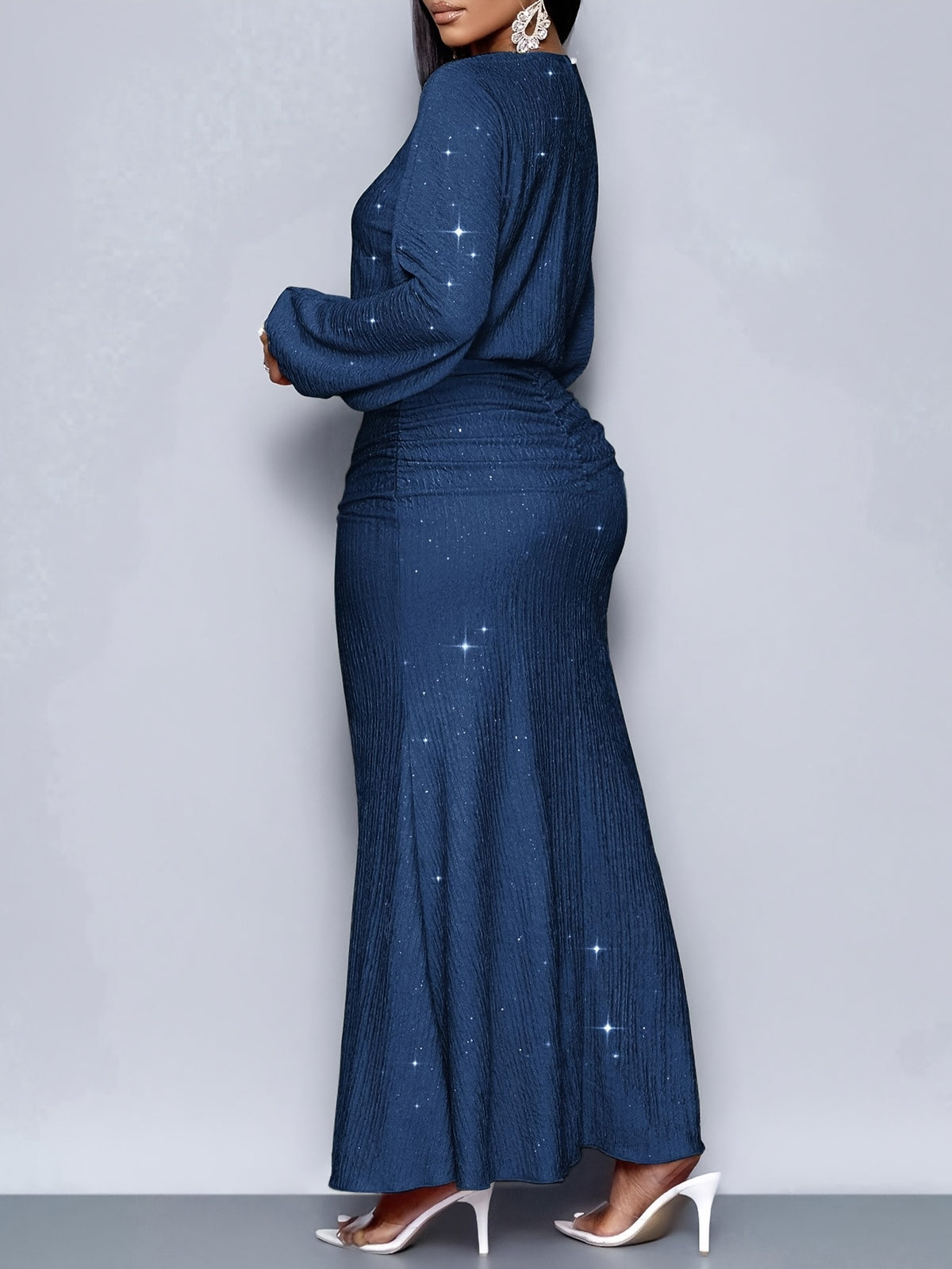 Spring Autumn Winter Christmas Party Vacation And Valentine'S Day Date Elegant Mermaid Hem Tight Sexy Long Sleeve Dress - Blue
