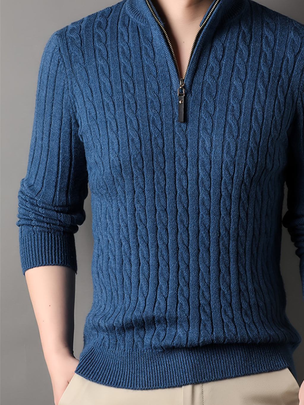 New Autumn Men's Knitted Pullover, Soft and Comfortable, Close-Fitting, Urban Outdoor Fashion, Casual Autumn Wear - Blue