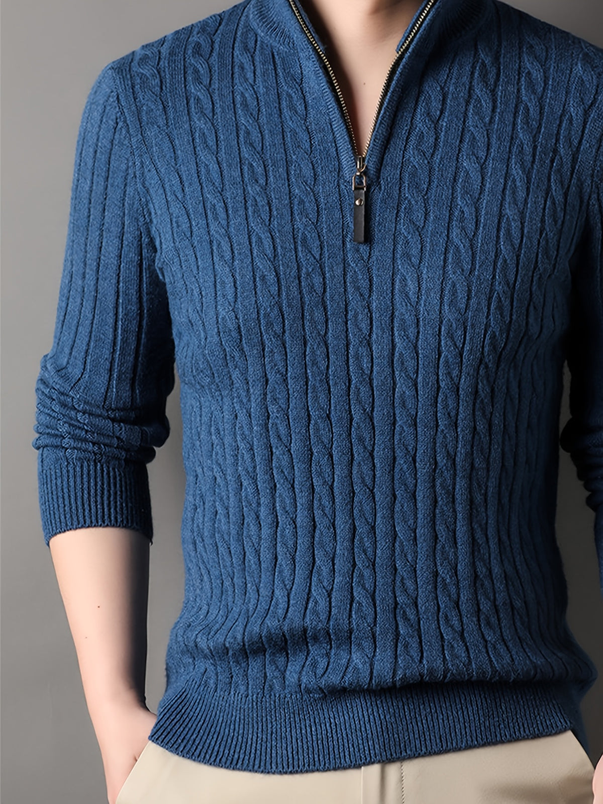 New Autumn Men's Knitted Pullover, Soft and Comfortable, Close-Fitting, Urban Outdoor Fashion, Casual Autumn Wear - Blue