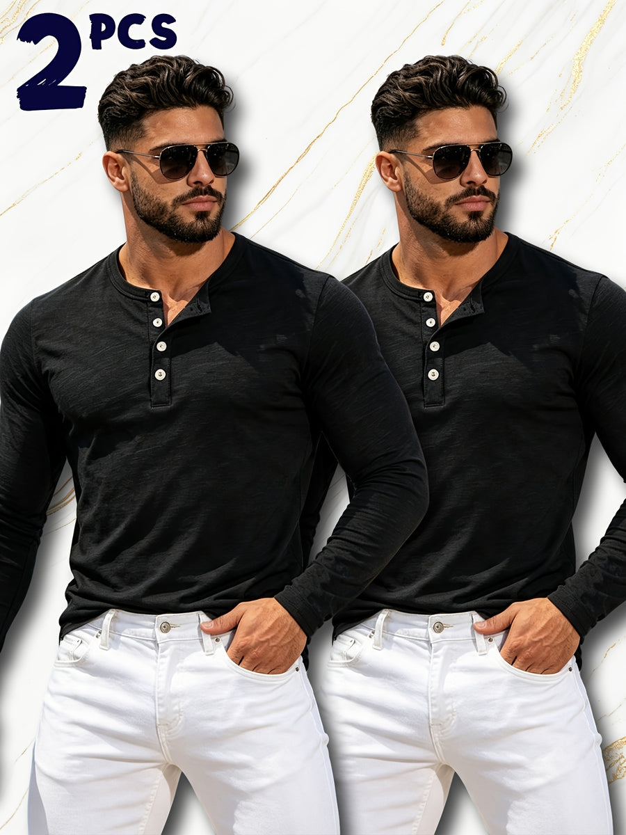 2pcs New Men's Fashionable Sporty Long-Sleeve Pure Cotton Henley Button-Up Shirt, Spring/Autumn Casual, Comfortable, Soft, Trendy, Simple, High-End, Versatile, and Refreshing - Mixed Color 2
