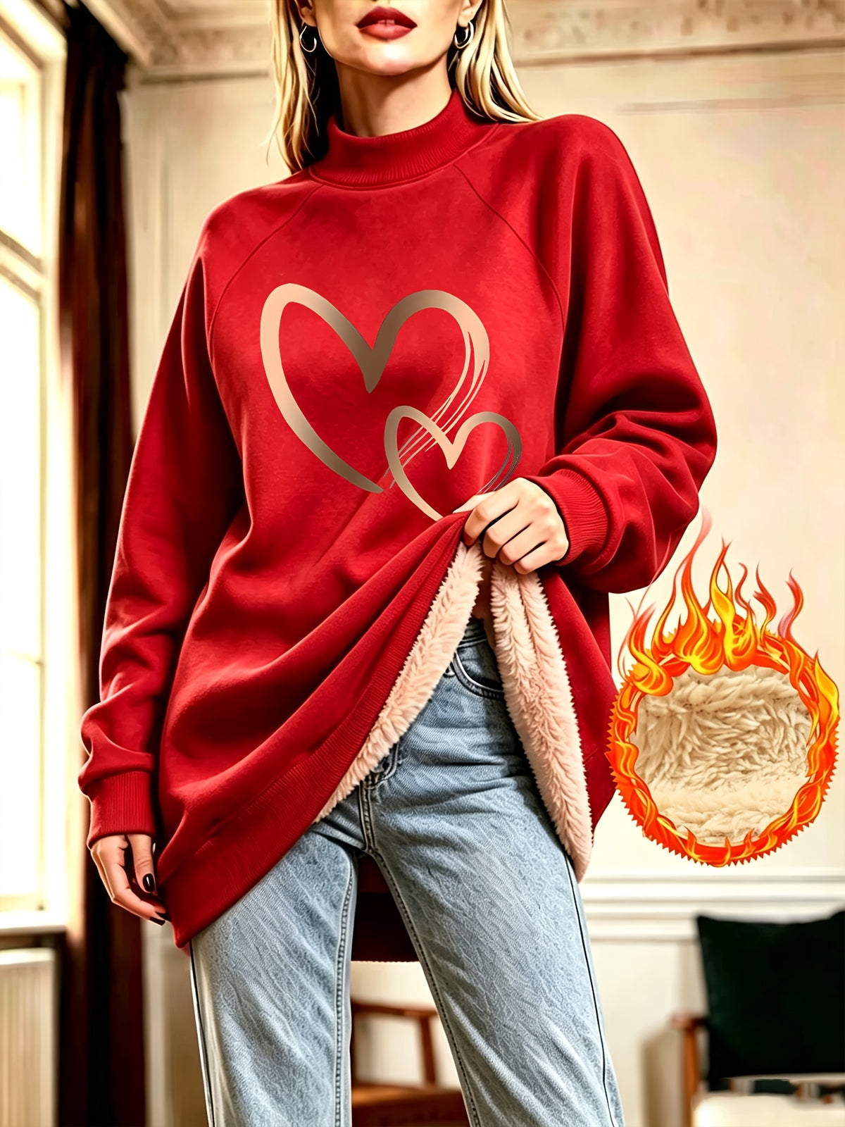 Golden Double Heart Easy Print Mid-High Neck Long Sweatshirt Women'S Autumn Winter Fleece Thick Loose Sweat Dress - Red