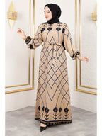 New Middle Eastern Muslim Elegant Temperament Floral Print Round Neck Tie-Up Abaya, Headscarf Not Included - Apricot