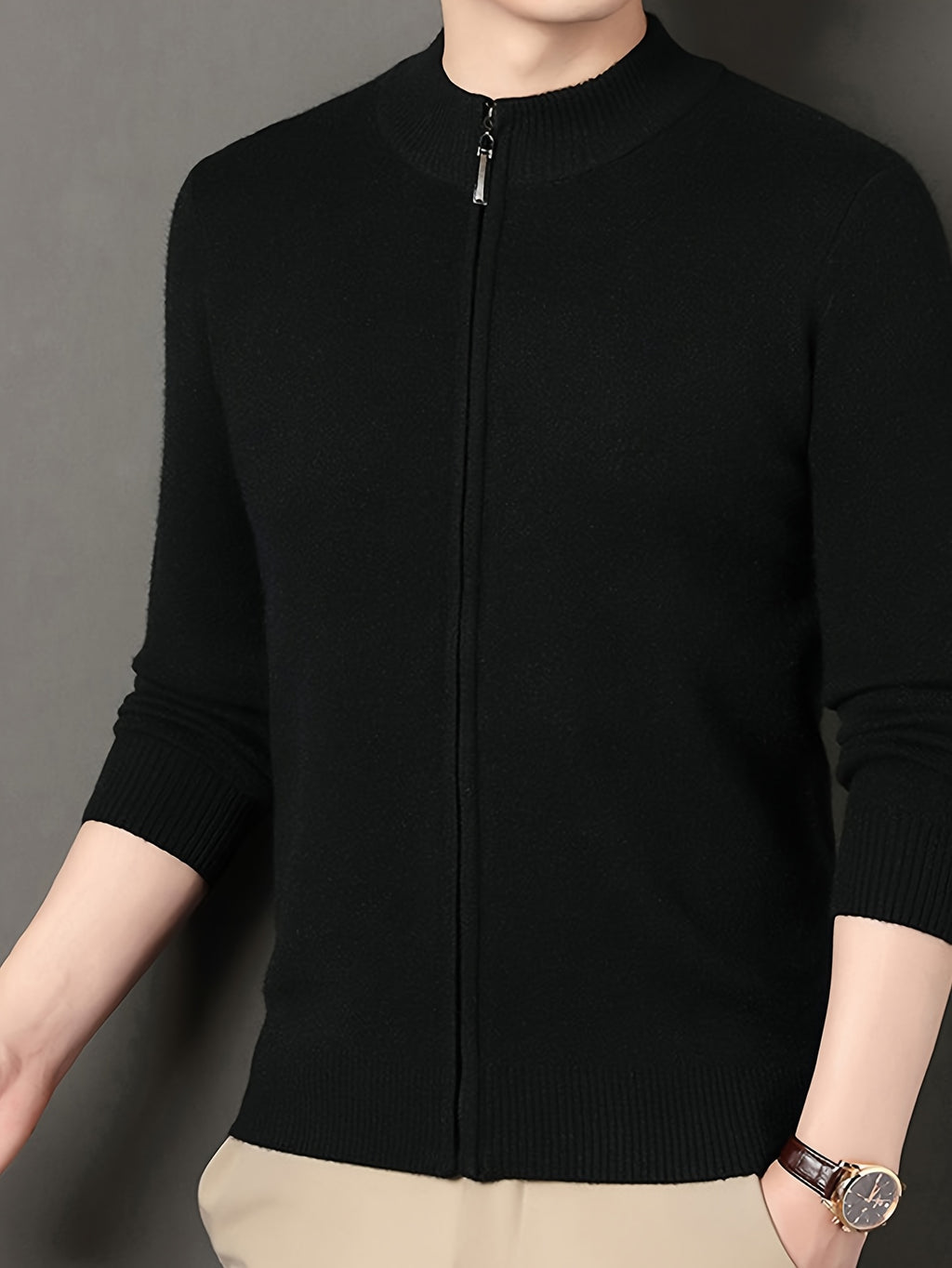 Men's Stand Collar Zipper Solid Color Knit Cardigan, Business Casual Style, Simple Solid Color, Slim Fit Not Tight, Versatile and Practical - Black