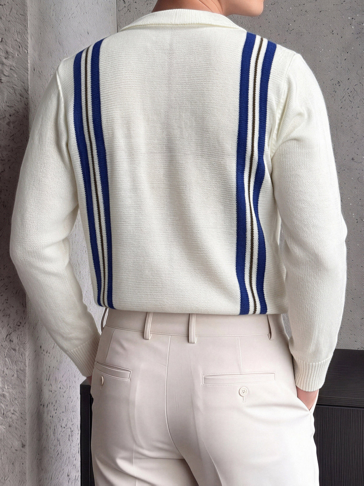 Men's Spring/Autumn POLO Sweater, Lightweight Button-Up Knit Top, Men's Shirt, Contrast Color Pattern, Casual Sporty Vintage Business Style, Comfortable Soft Fabric, Lapel Button-Up Sweater - White