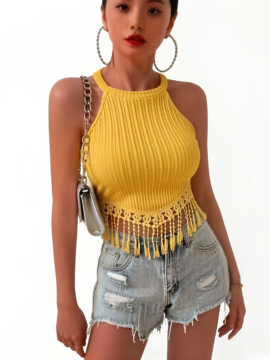 Women's Sexy Summer Cropped Sleeveless Top with Elegant Fringe Details - Slim-Fit Stretch Round Neck Casual Chic Outing Shirt, Cute Tops for Summer, Festive Outfit Choice, Nontransparent Material - Bright Yellow