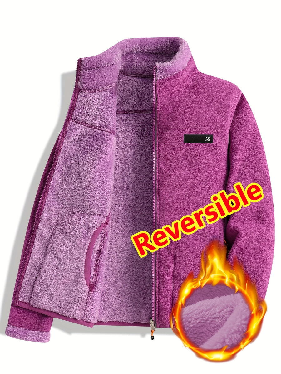 Women's Spring Casual Jacket, Thickened Shaggy Warm Printed Reversible Coral Sweatshirt, Double-Sided Outerwear - Purple