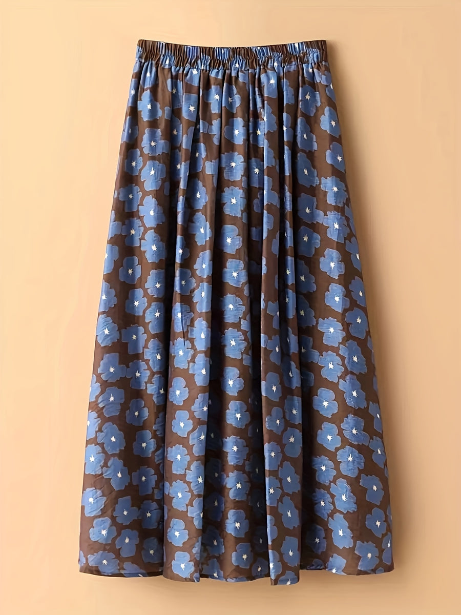 Blue Floral A-line Midi Skirt for Women with a Draped High-waist Design That Slims and Covers the Hips - Blue