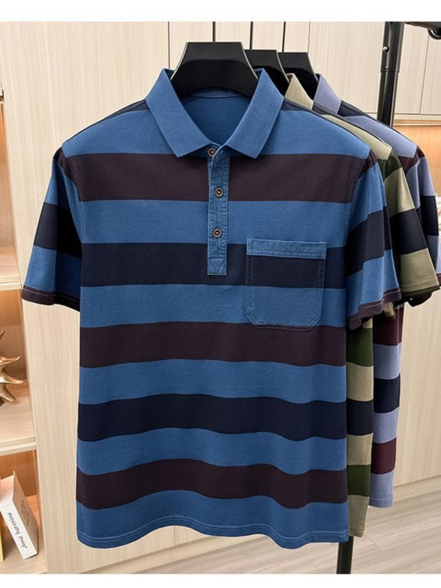 Men's Summer Striped Polo Shirt, Washed with Enzyme Process, Pearl Cotton Short Sleeve T-Shirt, Middle-Aged Business Casual Dad Style - Blue
