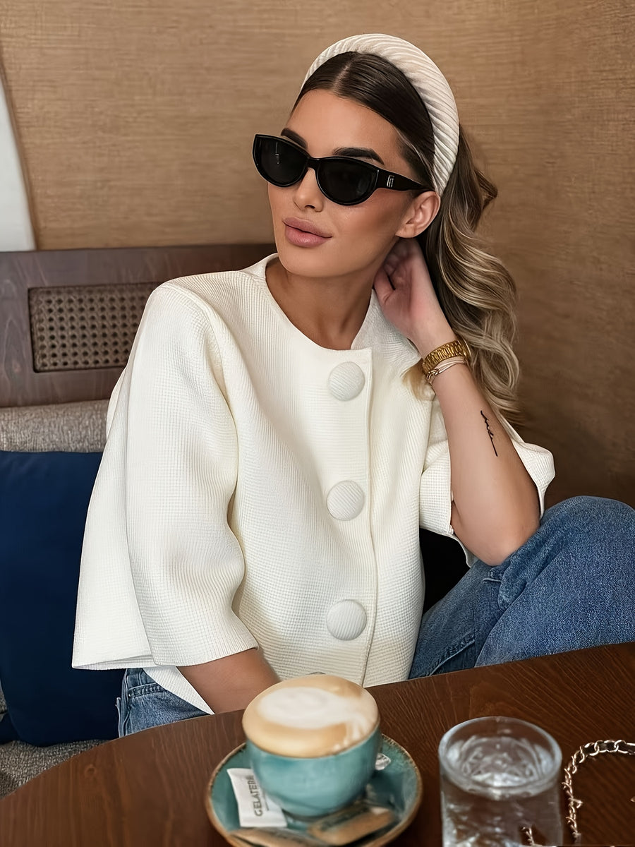 French-Style Large Button Cardigan - Oversized Cropped Top with Flared Bell Sleeves, Round Neck Button-Front Closure, Medium Stretch Suitable for - Layering, Elegant Office to Weekend Wear - Apricot