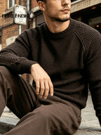 FORLENGKE Men's Vintage Crew Neck Sweater with Cable Knit Sleeves, Heavy Thick Pullover for Fall and Winter, Loose and Casual Fit for Young and Middle-Aged Men, Perfect for Daily Wear, Commuting, Street Style, Layering, Available in Multiple Colors - Coffee Color