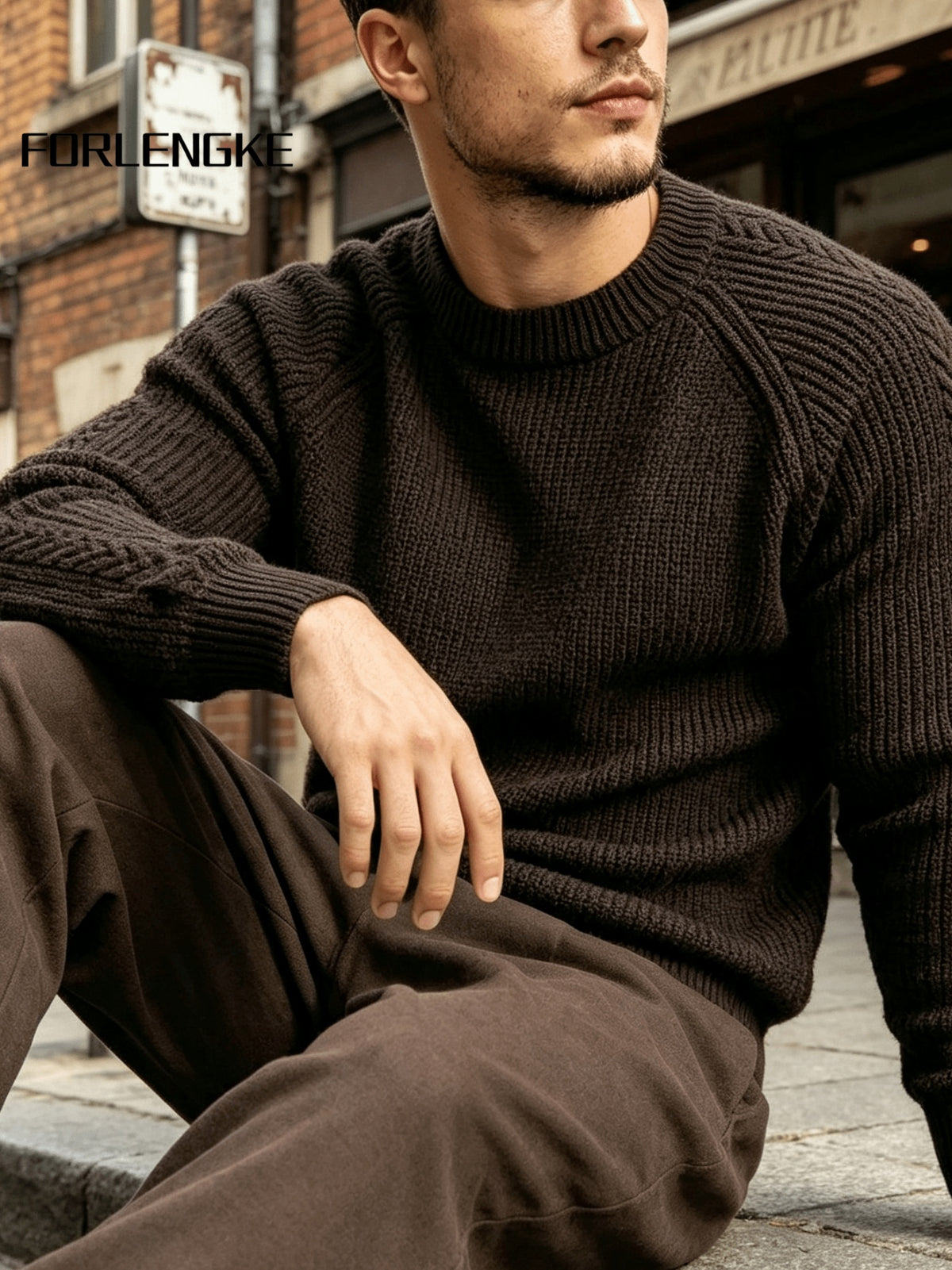FORLENGKE Men's Vintage Crew Neck Sweater with Cable Knit Sleeves, Heavy Thick Pullover for Fall and Winter, Loose and Casual Fit for Young and Middle-Aged Men, Perfect for Daily Wear, Commuting, Street Style, Layering, Available in Multiple Colors - Coffee Color
