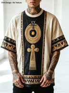 [Print Design - No Texture] Egyptian Totem Print T-Shirt - Full Pharaoh Vintage Color Block - Lightweight and Breathable Short Sleeve - Summer Casual Sporty Top, Vintage Ethnic Style, Maximalist European and American Men's Printed T-Shirt - Mixed colors