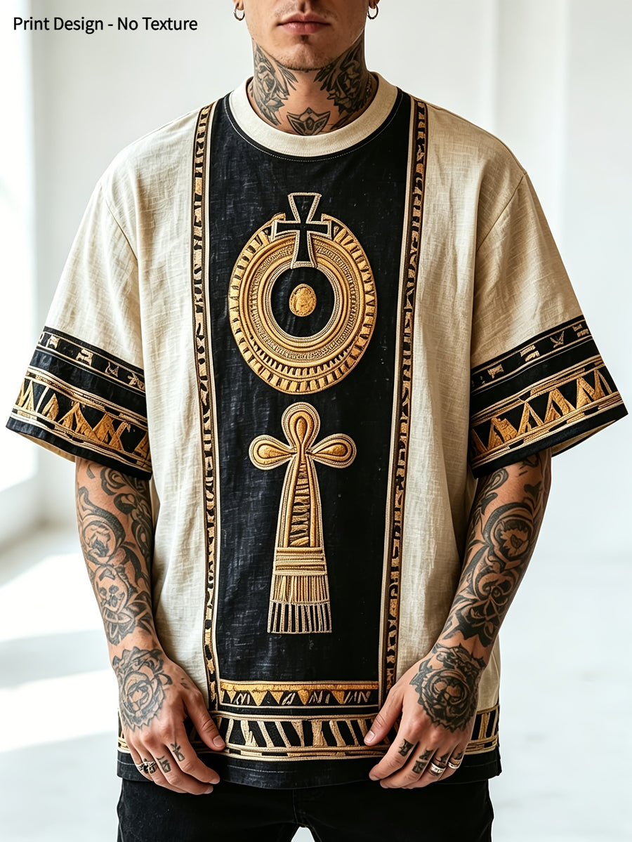 [Print Design - No Texture] Egyptian Totem Print T-Shirt - Full Pharaoh Vintage Color Block - Lightweight and Breathable Short Sleeve - Summer Casual Sporty Top, Vintage Ethnic Style, Maximalist European and American Men's Printed T-Shirt - Mixed colors