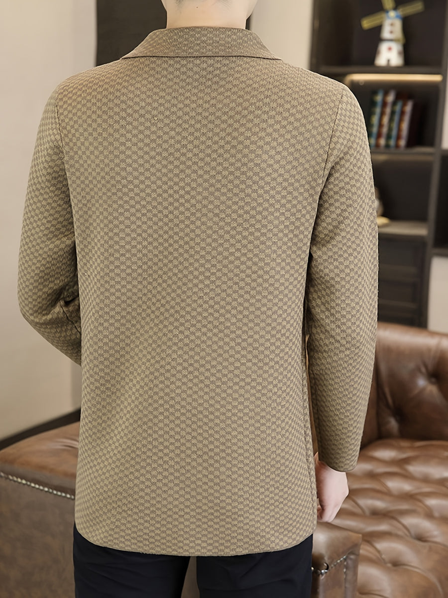 Du Jing Lan OBM Men's Autumn/Winter New Arrival Knitted Cardigan, Old Money Style Contrast Color Lapel Pocket Open Front Single-Breasted Knit Cardigan, Men's Business Casual Fashion Open Front Knit Cardigan Top, Contrast Color Checkered Design - Khaki