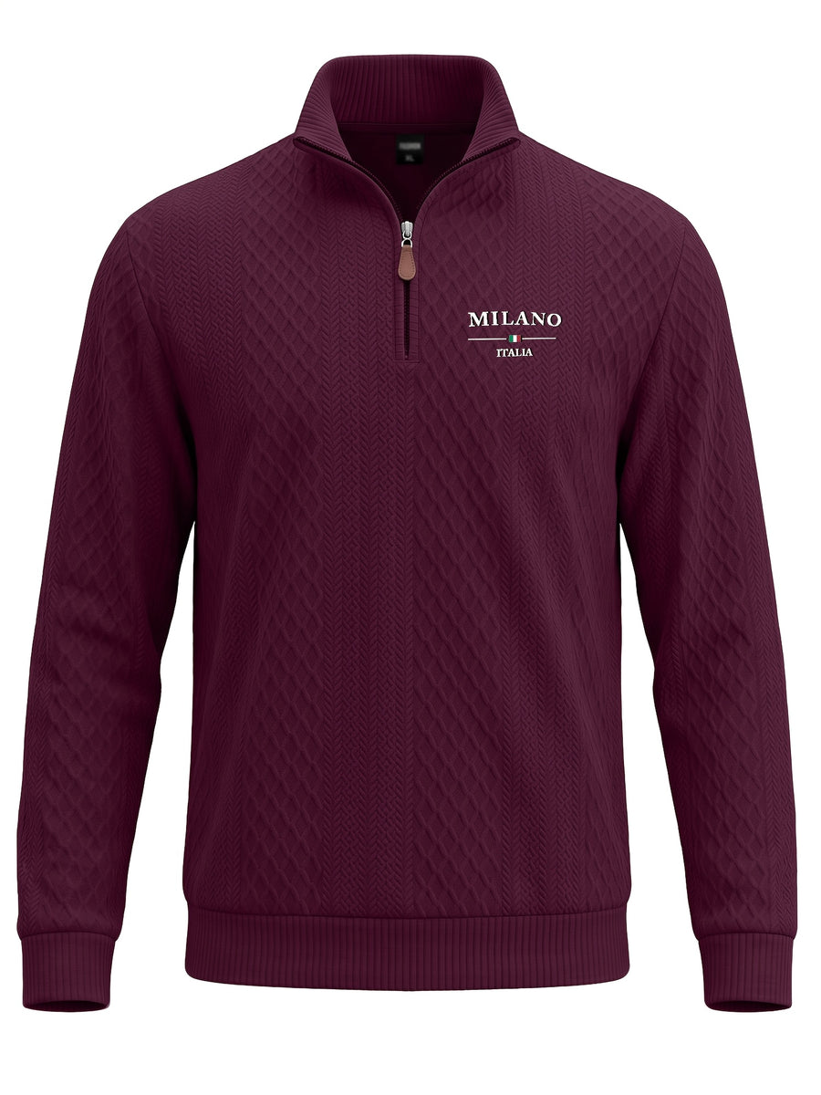 BOWZ Men's Fashion Henley Shirt, Solid Color Half-Zip Knit Top, Autumn/Winter Casual Long-Sleeve T-Shirt, Stylish and Versatile, Warm and Breathable, Suitable for Outdoor Sports and Daily Wear, Random Fabric Texture - Deep Red