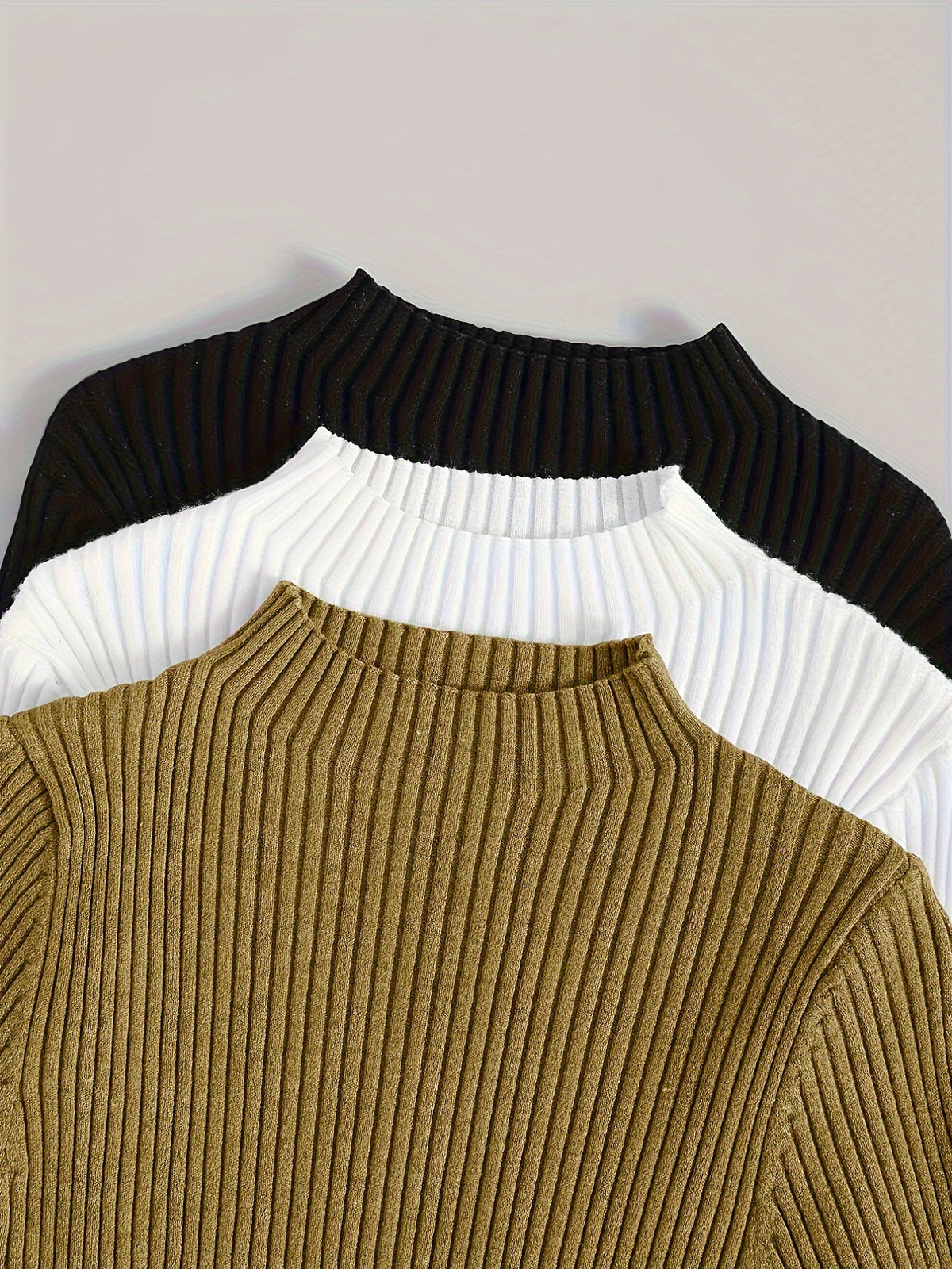 3pcs Set Stand Collar Ribbed Base Layer Stretch Plain Color Versatile Vintage - Mixed Color 2