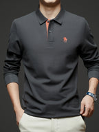 [Saa Xing OBM] 1pc Spring/Autumn New Men'S Polo Shirt, Solid Color Embroidered Half-Button Placket Single-Button Polo Collar Long Sleeve Men'S Fashion Versatile Pullover Base Layer Top, Classic Design, Suitable for Spring, Autumn, Wear - Deep Gray
