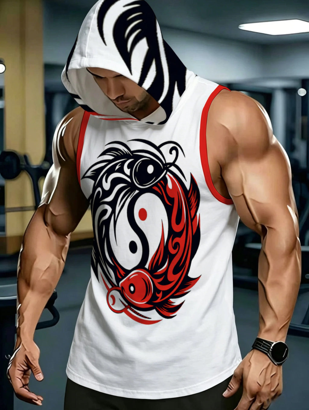 Men's Sleeveless Hooded Top with Trendy Tai Chi Koi Fish Print, Breathable Sports Casual Style, Comfortable for Daily Wear, Fashionable and Stylish Outerwear for Men - Mixed colors