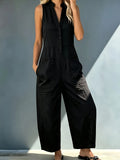 Women'S Elegant Spring Summer Retro Solid Color Jumpsuit, Stand Collar Sleeveless Loose Leg, Suitable for Fashion Workwear, Comfortable Casual Wear - Black