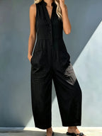 Women'S Elegant Spring Summer Retro Solid Color Jumpsuit, Stand Collar Sleeveless Loose Leg, Suitable for Fashion Workwear, Comfortable Casual Wear - Black