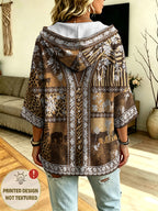 Plus Size - African Print Plus Size Hooded Sweatshirt, Leopard Elephant Patchwork Print with Wood Buttons. Western Vintage Style Loose Fit, Ethnic Couple Jacket, Showcasing Bohemian Fashion Charm - Multicolor 1