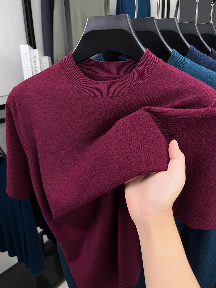 Men'S Summer Short-Sleeve Knit Top, Classic Round Neck Easy Solid Color Design, Breathable And Moisture-Wicking, Fashionable And Versatile in Multiple Colors, Suitable for Casual And Athletic Wear - Sauce Red