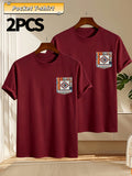 2pcs Men's Round Neck Pocket Short-Sleeve T-Shirt, Suitable for Summer Outdoor Casual Wear, Versatile Casual Knit Top, Men's Casual Pocket Design Sport T-Shirt - Burgundy