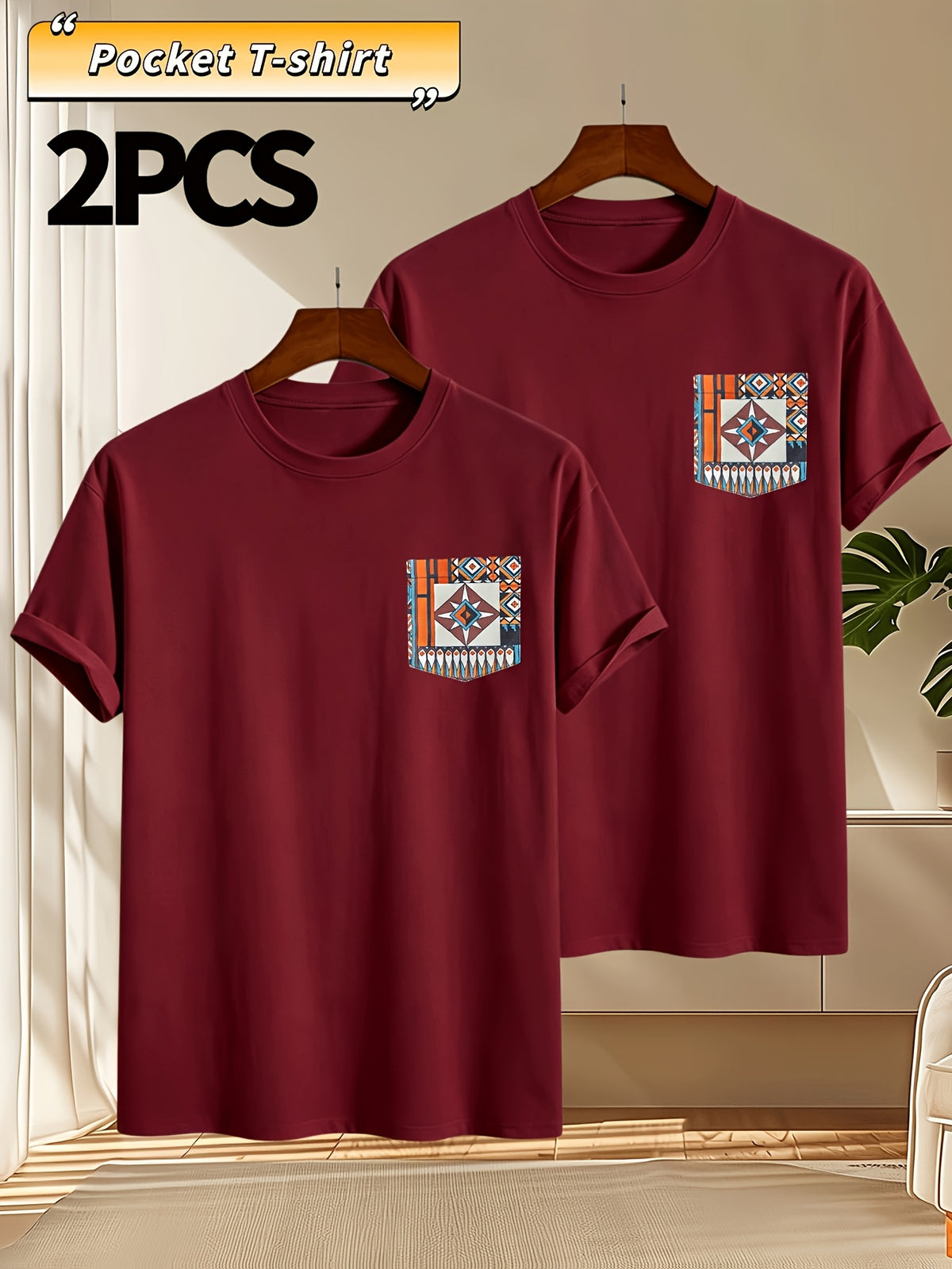 2pcs Men's Round Neck Pocket Short-Sleeve T-Shirt, Suitable for Summer Outdoor Casual Wear, Versatile Casual Knit Top, Men's Casual Pocket Design Sport T-Shirt - Burgundy