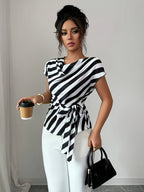 Women'S Elegant Commute High Neck Design Striped Print Vacation Casual Shirt - Black